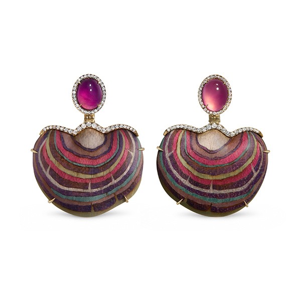 SilviaFurmanovichWildMushroomearrings18ctrosegoldwithmushroommarquetrypinkandlavenderjadeiteanddiamonds