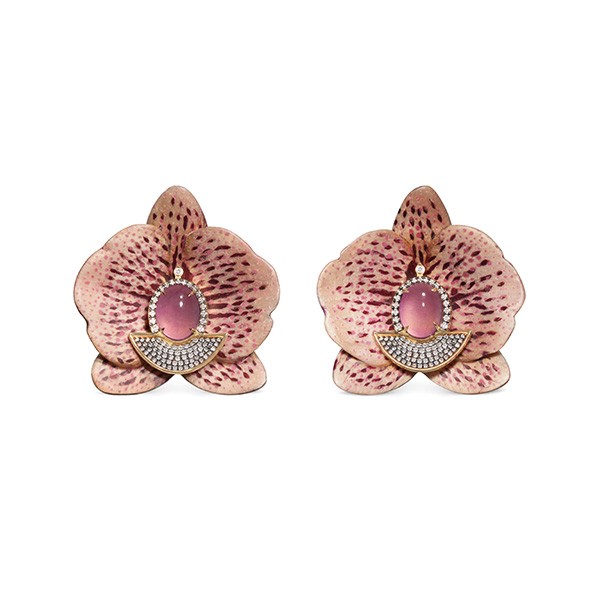 SilviaFurmanovichWildOrchidearringsin18ctyellowgoldwithorchidmarquetryjadeiteanddiamonds