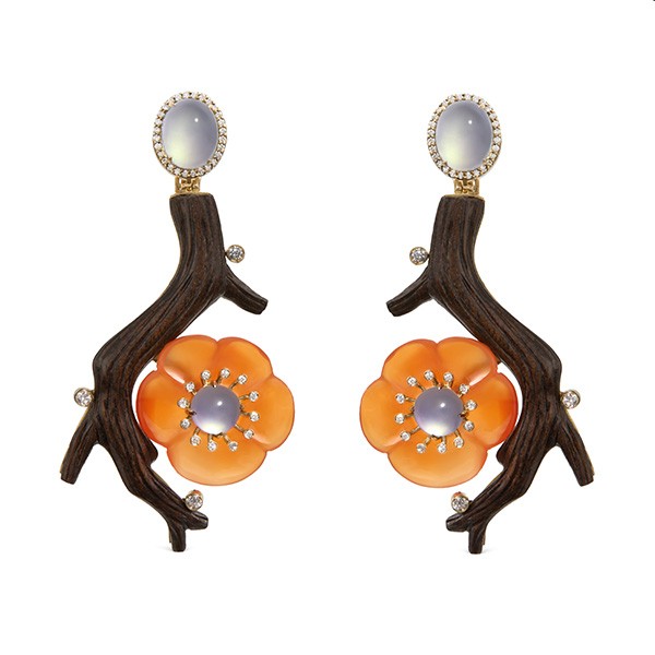 SilviaAspreyCherryBlossomearringsin18ctyellowgoldwithcarvedbraúnawoodagateredandwhitejadeiteanddiamonds