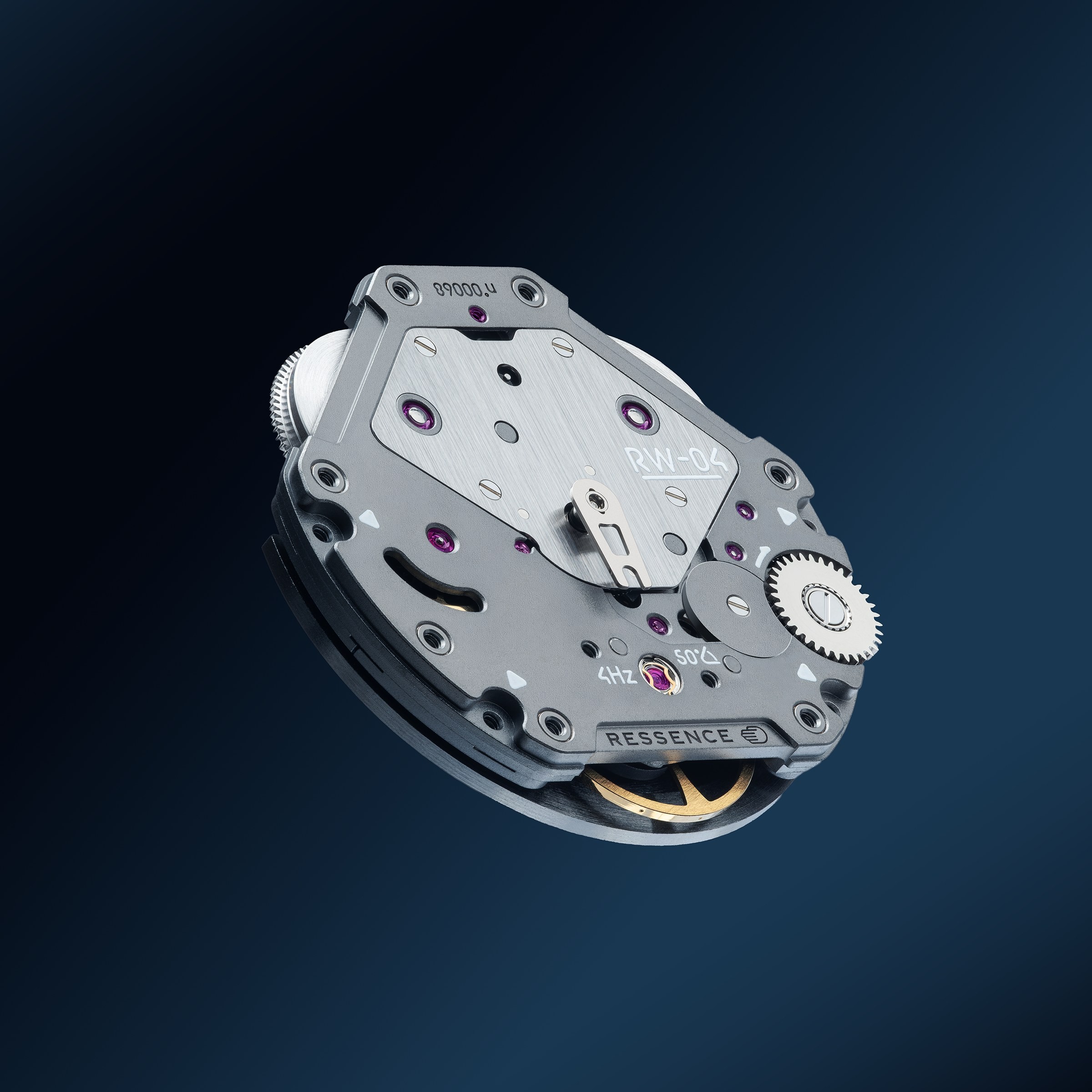 Ressence in-house automatic calibre RW-04 showing twin-barrel bridge architecture and magnetic transmission disc