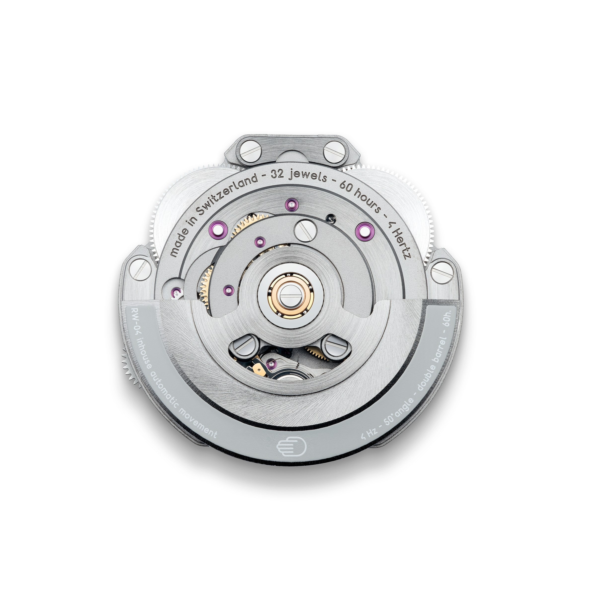 Caseback side of Ressence calibre RW-04 showing openworked annular winding rotor engraved with 32 jewels