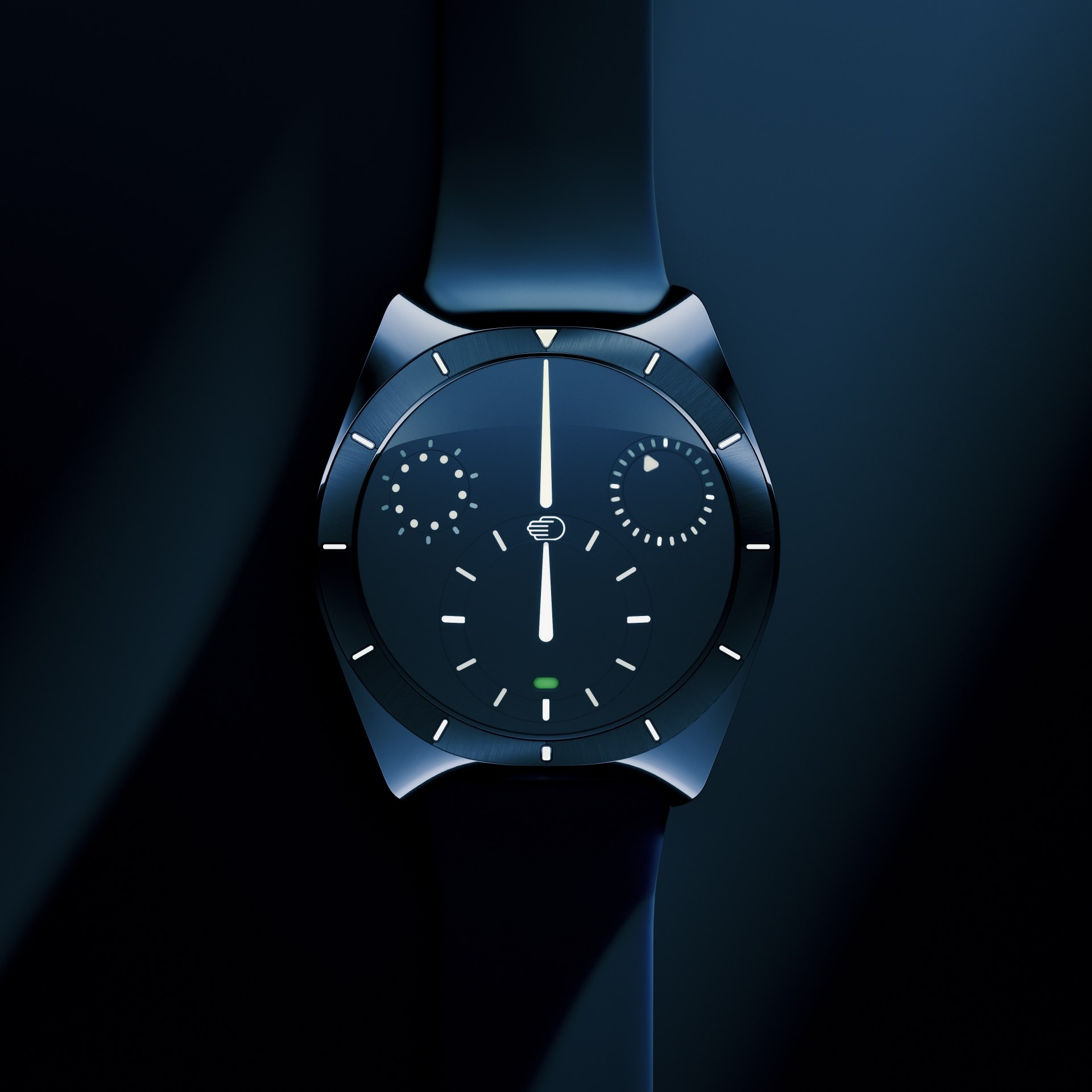 Studio lighting view of the Ressence TYPE 10 DN highlighting the polished titanium case and rubber strap